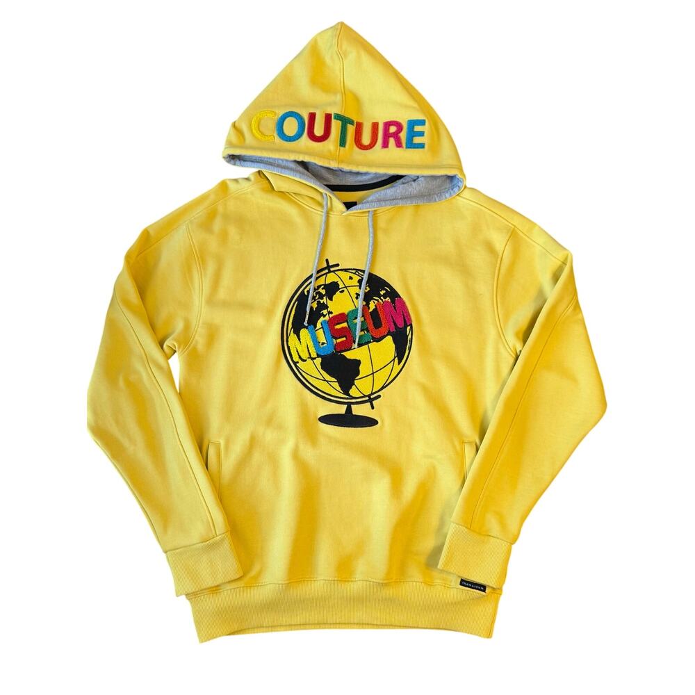 The Museum DC Couture Hoodie Globe Chenille Embroidered Streetwear Yellow Large